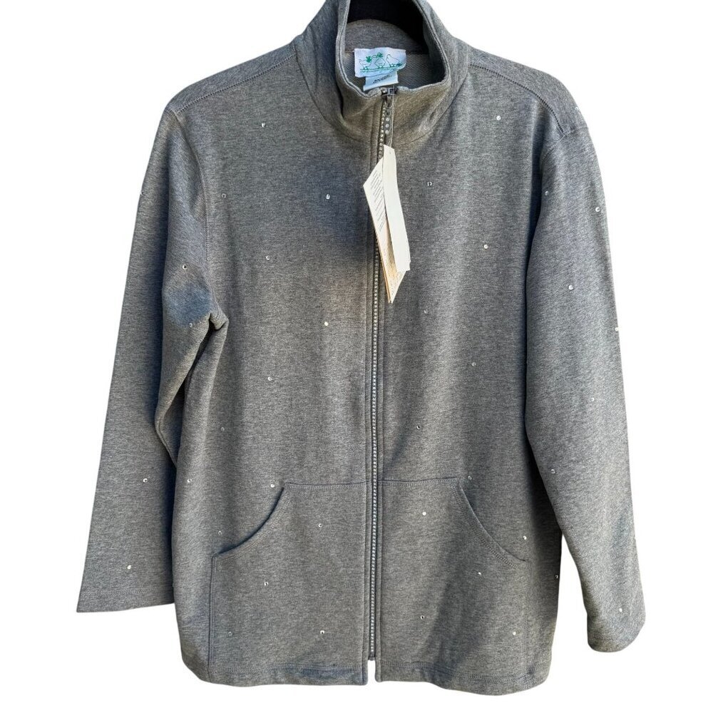 The Quacker Factory Womens‎ Gray Rhinestone Embellished Pocket Zip Jacket New S